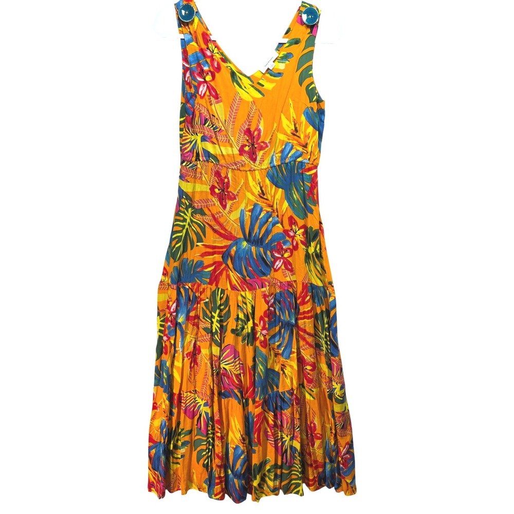 Zoey and Leelo Tropical Floral Midi Dress Womens S Orange Tiered Ruffle Boho